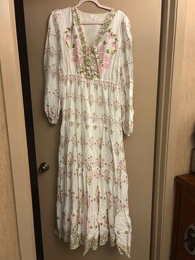 Ivory Maxi Dress with Pink Floral Embroidery
